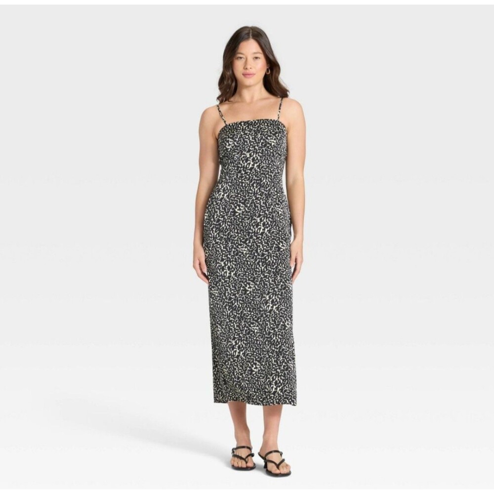Women's A New Day Column Slip Maxi Dress Black White Leopard Print Large